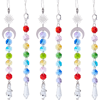 6Pcs 2 Style Electroplate Octagon Glass Beaded Pendant Decorations, Suncatchers, Rainbow Maker, with 304 Stainless Steel Split Rings, Clear Faceted Glass Pendants, Cone/Moon/Sun, Mixed Color, 190~205mm, 3pcs/style