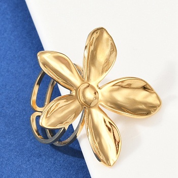 304 Stainless Steel Cuff Rings, Flower, Golden, 32x32mm, Inner Diameter: 17mm