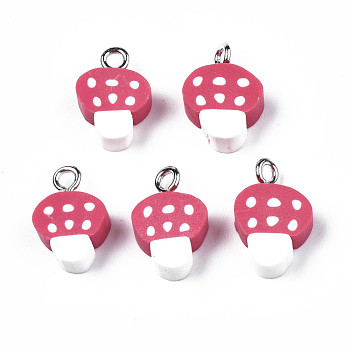 Autumn Theme Handmade Polymer Clay Charms, with Platinum Plated Iron Loop, Imitation Food, Mushroom, Pale Violet Red, 14~15x8.5~10.5x4~5mm, Hole: 1.8mm