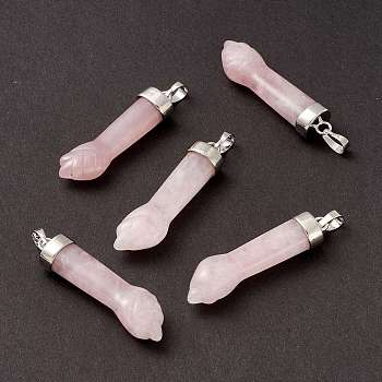Natural Rose Quartz Pendants, with Platinum Tone Brass Findings, Figa Hand Shapes, 43~48x12x8.6mm, Hole: 8x4.6mm