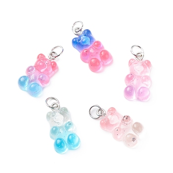 Gradient Color Transparent Resin Pendants, with Glitter Powder and Stainless Steel Color Tone 304 Stainless Steel Jump Rings, Bear Charm, Mixed Color, 21x11x6.5mm, Jump Ring: 6x0.8mm, Inner Diameter: 4.5mm