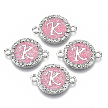 Alloy Enamel Links Connectors, with Crystal Rhinestones, Flat Round with Letter, Silver Color Plated, Letter.K, 22x16x2mm, Hole: 1.8mm