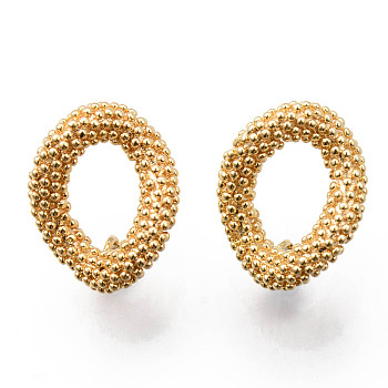 Brass Stud Earrings Findings, with Loop, Nickel Free, Bumpy Oval, Real 18K Gold Plated, 17x13mm, Hole: 2.5mm, Pin: 0.7mm