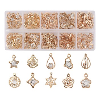 100Pcs 10 Styles Rack Plating Eco-Friendly Iron Charms, with Crystal Rhinestone, Flower & Heart & Rhombus & Star & Teardrop Charms, Light Gold, 13~20.5x9.5~13x4.5~7.5mm, Hole: 1.2~1.6mm, 10Pcs/style