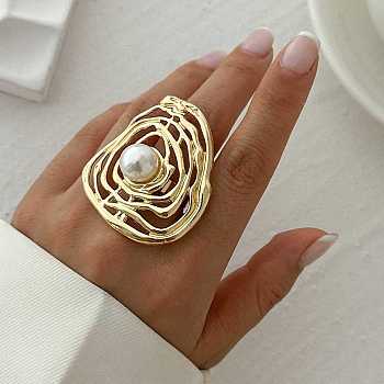 Round Alloy Adjustable Rings for Women, with Plastic Imitation Pearls, Light Gold, Inner Diameter: 18mm