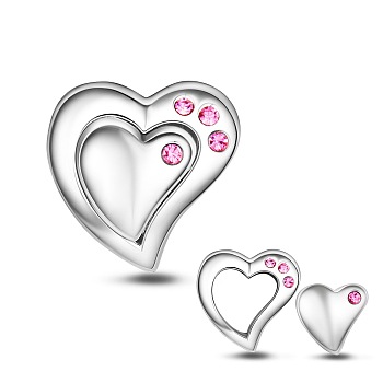 TINYSAND Heart 925 Sterling Silver European Beads, Large Hole Beads, with Cubic Zirconia, Platinum, 10.72x11.08x8.71mm, Hole: 4.39mm