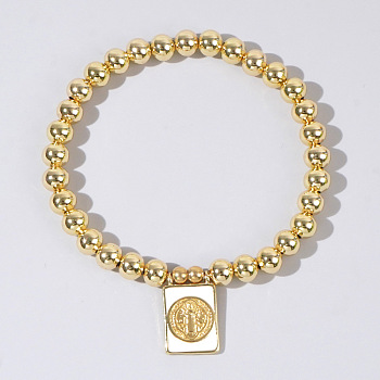 Personality Brass Round Bead Beaded Stretch Bracelets, with Rectangle Brass Enamel Charms for Women, Human, 6-7/8 inch(17.5cm)