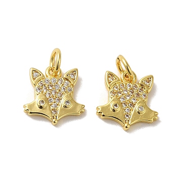 Rack Plating Brass Micro Pave Cubic Zirconia Pendants, with Jump Ring, Long-Lasting Plated, Lead Free & Cadmium Free, Fox Charm, Real 18K Gold Plated, 11.5x11.5x2mm, Hole: 3.5mm