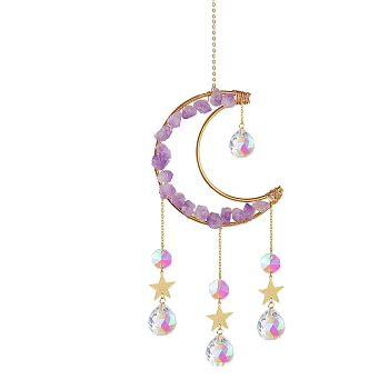 Natural Amethyst Chips Moon & Glass Teardrop Suncatchers, Hanging Ornaments Home Garden Decoration, Golden, 400mm