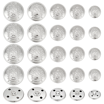50Pcs 5 Styles 4-Hole Brass Buttons, for Sewing Crafting, Half Round with Badge, Platinum, 14.5~24.5x9~14mm, Hole: 1.8~2x2~3mm, 10pcs/style