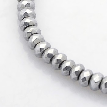 Electroplate Non-magnetic Synthetic Hematite Beads Strands, Faceted Rondelle, Platinum Plated, 3x2mm, Hole: 1mm, about 214pcs/strand, 15.7 inch