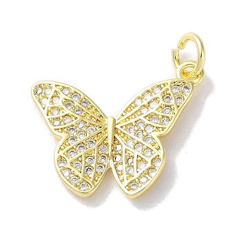 Rack Plating Brass Micro Pave Clear Cubic Zirconia Pendants, Long-Lasting Plated, Lead Free & Cadmium Free, Butterfly, Real 18K Gold Plated, 16x19x2mm, Hole: 3.4mm