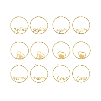 304 Stainless Steel Hoop Earrings, Ring Shape, Golden, 6pairs/set