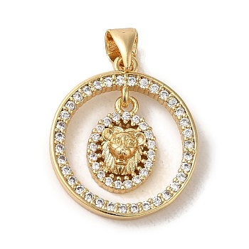 Brass Micro Pave Clear Cubic Zirconia Pendants, Ring with Lion Charms, Real 18K Gold Plated, 20x18x4mm, Hole: 5x3.7mm