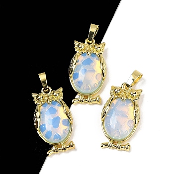 Opalite Pendant, with Brass Findings,  Lead Free & Cadmium Free, Long-Lasting Plated, Owl, 28.5x15.5x7mm, Hole: 5x8mm