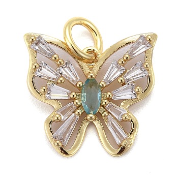 Brass Micro Pave Cubic Zirconia Pendants, Long-Lasting Plated, Real 18K Gold Plated, Butterfly, Light Sea Green, 15x16x3mm, Hole: 4mm