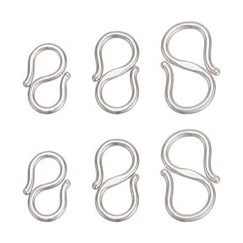 6Pcs 3 Styles Rhodium Plated 925 Sterling Silver S-Hook Clasps, with 925 Stamp, Platinum, 9~11x5.5~7x1mm, 2pcs/style