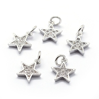 Brass Micro Pave Cubic Zirconia Charms, Star, Clear, Platinum, 11.5x10x2mm, Hole: 3mm