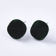 Flocky Iron Stud Earring Findings, with Steel Pins and Loop, Flat Round, Dark Green, 13.5x13mm, Hole: 3.5mm, Pin: 0.8mm(IFIN-S704-34B)