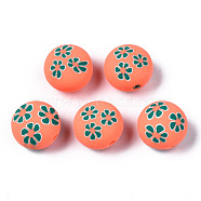 Handmade Polymer Clay Beads, for DIY Jewelry Crafts Supplies, Flat Round with Flower, Coral, 12x8.5mm, Hole: 1.6mm(CLAY-N008-026E)