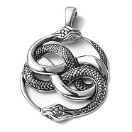 304 Stainless Steel Pendants, Flat Round with Snake, Antique Silver, 43x30x4mm, Hole: 6x4mm(STAS-C065-02AS)