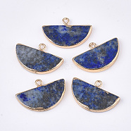 Electroplate Natural Lapis Lazuli Semi Circle Pendants, with Iron Findings, Half Round, Golden, 17~18x27x3~4mm, Hole: 1.8mm(G-S344-87D)