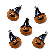 Halloween Opaque Resin Pendants, with Platinum Tone Iron Loops, Pumpkin with Witch Hat, Dark Orange, 32x21x7.5mm, Hole: 2mm(RESI-D055-100P)