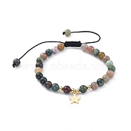 Adjustable Nylon Thread Braided Bead Bracelets, with Natural Indian Agate Beads, Brass Charms and Beads, Star, 2-1/8 inch~3-3/8 inch(5.5~8.5cm)(BJEW-JB04675-01)