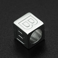 201 Stainless Steel European Beads, Large Hole Beads, Horizontal Hole, Cube, Stainless Steel Color, Letter.B, 7x7x7mm, Hole: 5mm(STAS-N090-LA062-B)