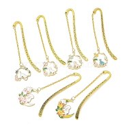 Chinese Style Rabbit & Cat & Moon Alloy Enamel Pendant Bookmarks, Hook Bookmark with Long Chain, Mixed Color, 83.5~96.5mm, 6 styles, 1pc/style, 6pcs/set(AJEW-JK00228)