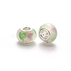 Handmade Lampwork European Beads, Large Hole Rondelle Beads, with Platinum Tone Brass Double Cores, Floral White, 14~16x9~10mm, Hole: 5mm(LPDL-N001-056-F10)