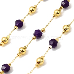 Handmade Lapis Lazuli Faceted Round Beaded Chains, Soldered, with Brass Beads, Long-Lasting Plated, with Spool, Golden, 6mm, about 32.81 Feet(10m)/Roll(CHC-F021-01G-09)