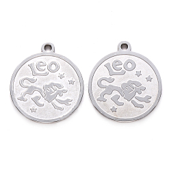 201 Stainless Steel Pendants, Flat Round with Twelve Constellation, Laser Cut, Stainless Steel Color, Leo, 25x22x1.5mm, Hole: 2mm(STAS-R106-07)