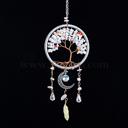 Copper Wire Wrapped Natural Howlite Chips Tree of Life Hanging Ornaments, with Iron Ring and Metal Moon Charm, for Car Decorations, 260x110mm(PW-WG23767-01)