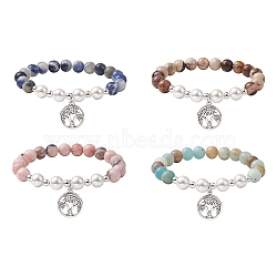 Natural Mixed Gemstone & Shell Pearl Stretch Bracelet, with Alloy Tree of Life Charms, Inner Diameter: 2-3/4 inch(7cm)(BJEW-JB10167)