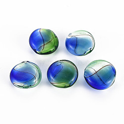 Transparent Handmade Blown Glass Globe Beads, Stripe Pattern, Flat Round, Blue, 16~17.5x8~9.5mm, Hole: 1~2mm(X-GLAA-T012-23)