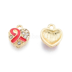 Alloy Rhinestone Pendants, with Enamel, Heart with Silk Ribbon, Light Gold, Crimson, 11x9.5x3mm, Hole: 1.5mm(FIND-A017-26A-LG)