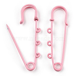 Spray Painted Iron Brooch Findings, Kilt Pins with Triple Loops, Pink, 59x18x6mm, Hole: 2mm(IFIN-K043-01A-12)