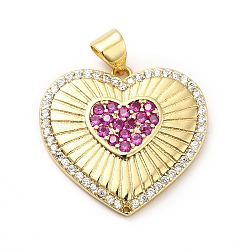 Brass Micro Pave Cubic Zirconia Pendants, Long-Lasting Plated, Real 18K Gold Plated, Heart, Fuchsia, 21x22.5x2.5mm, Hole: 3.5x4mm(KK-H433-20G)