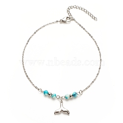 304 Stainless Steel Whale Tail Charm Anklet with Round Natural White Jade Beads for Women, Platinum & Stainless Steel Color, 9-7/8 inch(25cm)(AJEW-AN00498-01)