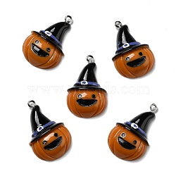 Halloween Opaque Resin Pendants, with Platinum Tone Iron Loops, Pumpkin with Witch Hat, Dark Orange, 32x21x7.5mm, Hole: 2mm(RESI-D055-100P)