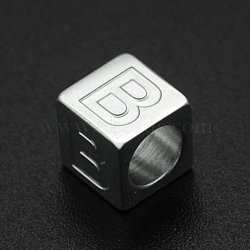 Non-Tarnish 201 Stainless Steel European Beads, Large Hole Beads, Horizontal Hole, Cube, Stainless Steel Color, Letter.B, 7x7x7mm, Hole: 5mm(STAS-N090-LA062-B)