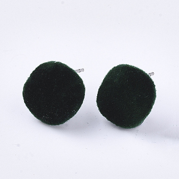 Flocky Iron Stud Earring Findings, with Steel Pins and Loop, Flat Round, Dark Green, 13.5x13mm, Hole: 3.5mm, Pin: 0.8mm