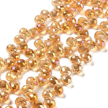 Transparent Electroplate Glass Beads Strands, Faceted, Top Drilled Teardrop, Full Rainbow Plated, Sandy Brown, 10x7.8mm, Hole: 1mm, about 97pcs/strand, 23.62 inch(60cm)