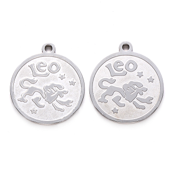201 Stainless Steel Pendants, Flat Round with Twelve Constellation, Laser Cut, Stainless Steel Color, Leo, 25x22x1.5mm, Hole: 2mm