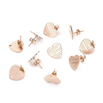 Ion Plating(IP) 304 Stainless Steel Stud Earring Findings, with Ear Nuts, Textured Heart, Rose Gold, 12x13mm, Hole: 1.5mm, Pin: 0.7mm