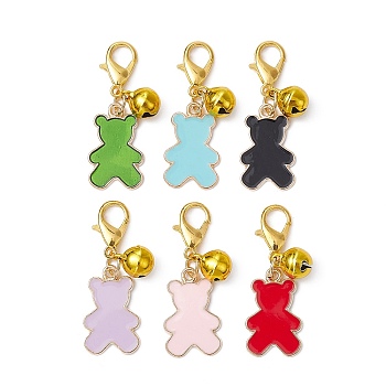 Alloy Enamel Bear Pendant Decorations, with Brass Bell Charms and Zinc Alloy Lobster Claw Clasps, Mixed Color, 36mm, 6 colors, 1pc/color, 6pcs/set