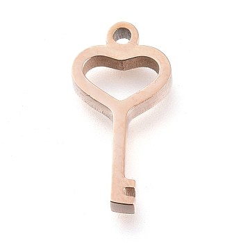 304 Stainless Steel Pendants, Laser Cut, Heart Key, Rose Gold, 13x6.5x1.7mm, Hole: 1mm
