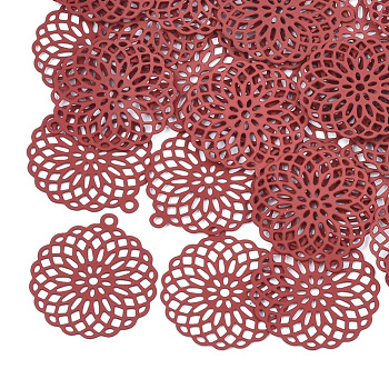 430 Stainless Steel Filigree Pendants, Spray Painted, Etched Metal Embellishments, Flower, Red, 30x27x0.3mm, Hole: 1.8mm