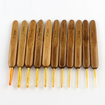 Bamboo Handle Aluminium Crochet Hook Needles Sets, Mixed Size, Mixed Color, 130~135x13~15x7~9mm, Pin: 1.0~6.0mm, 11pcs/sets